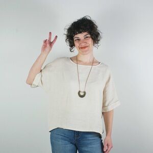 Filosofia Zoe Linen Top Short Sleeves 100% Linen Vanilla Beige Neutral Large